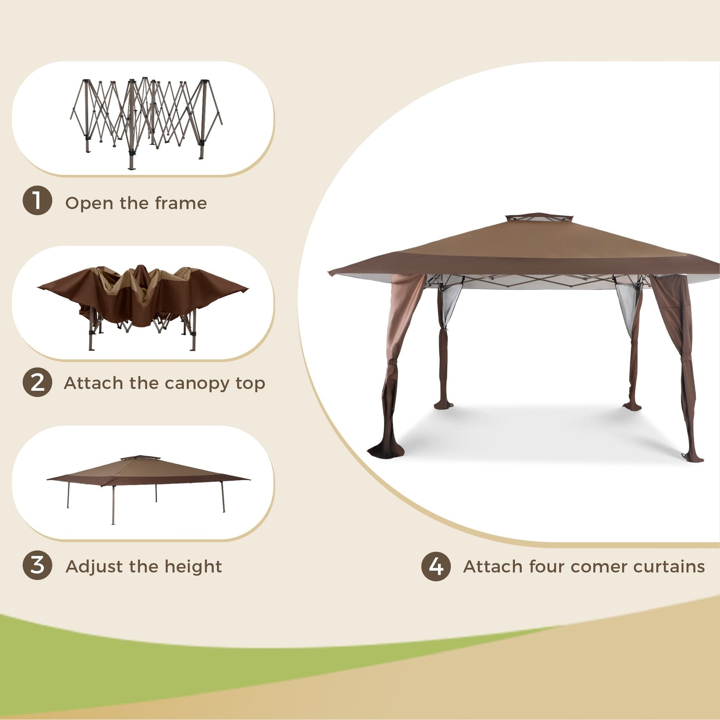 13' x 13' Outdoor Canopy Patio Gazebo Reinforced garden Pop-up Canopy Tentwith Elegant Corner Curtain - 13x13ft