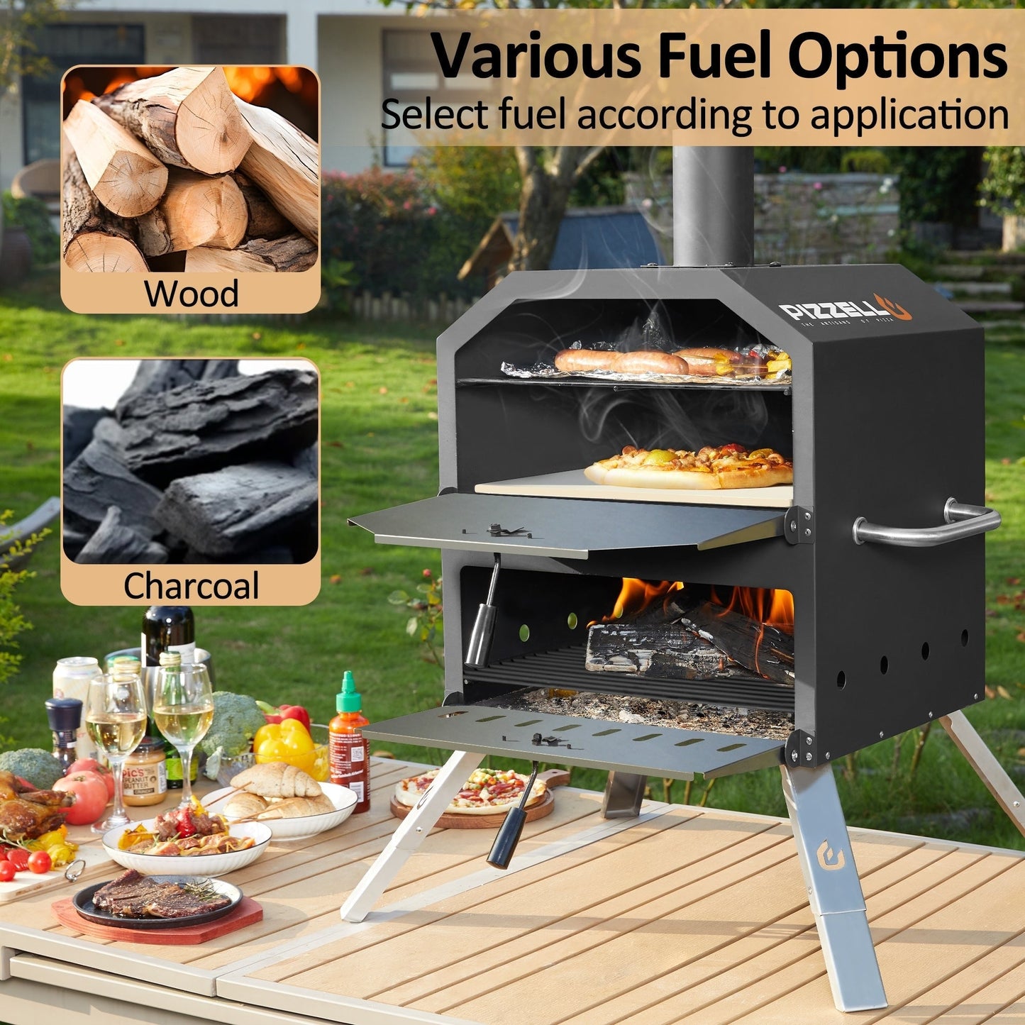 2-Layer Outdoor Pizza Oven Wood Fired Pizza Maker Outside Pizza Grill for Camping - 16 inch