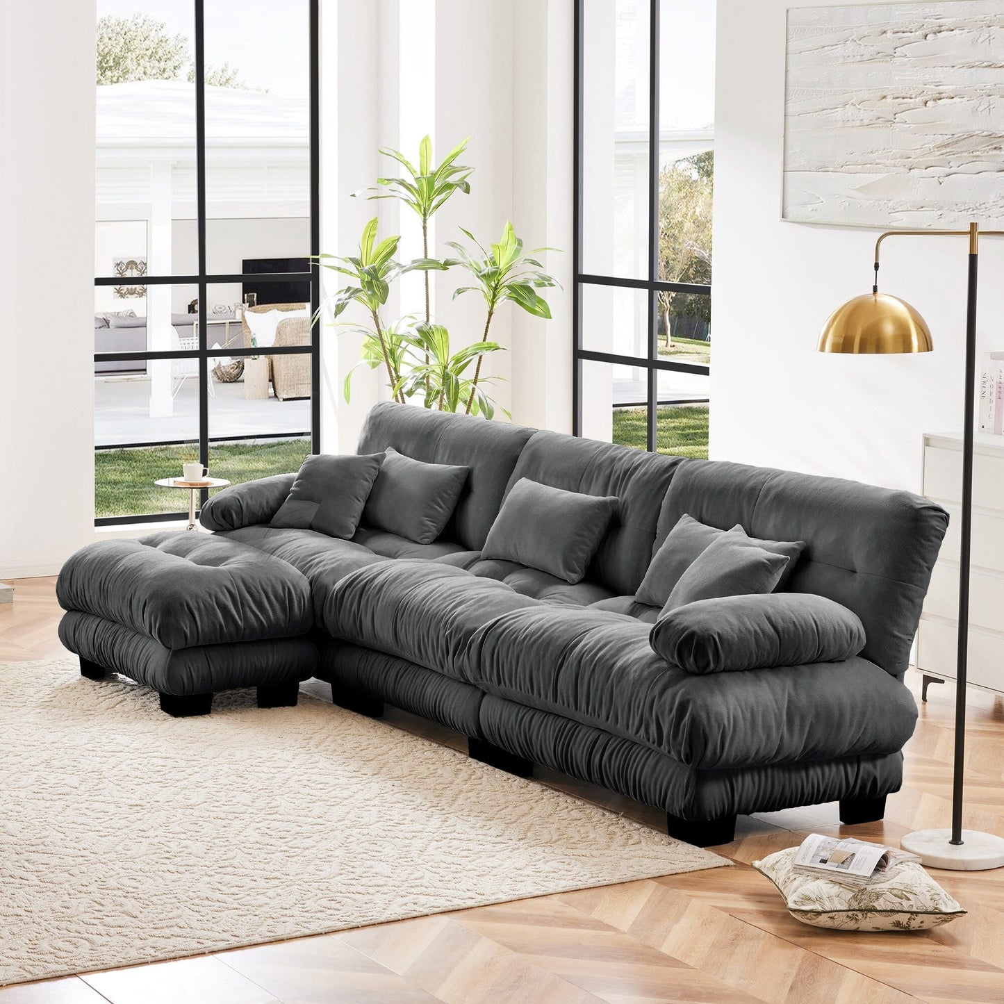 3-Seat Modular Sectional Sofa Deep Seat Couch L Shaped Cloud Couch with Convertible Ottoman for Living Room