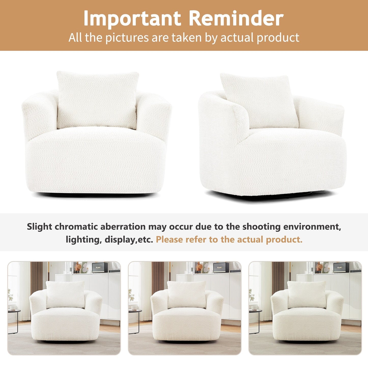 360° Swivel Chair, 38.2 Boucle Accent Chair with Throw Pillow, Upholstered Barrel Sofa Chair with Curved Armrests