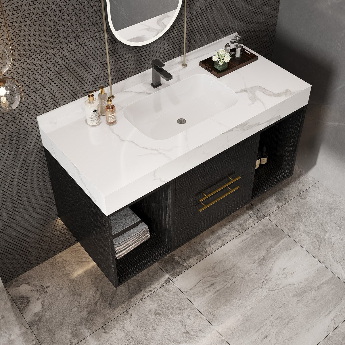 39.4 '' Floating Bathroom Vanity with Ceramic sink,Wall Hung Vanity 2 Soft Close Drawer and white slate top - 39'4 x 18'9