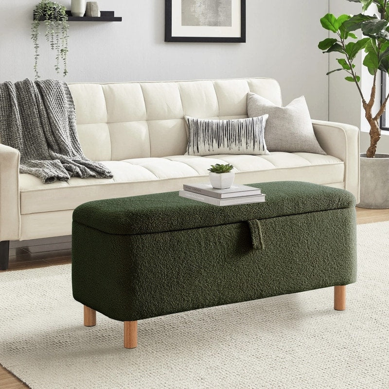 39.5 Off White Boucle Storage Ottoman Bench Sherpa Storage Bench Ottoman Foot Rest End of Bed for Living Room Bedroom,Wood Leg