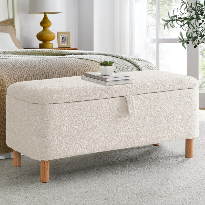 39.5 Off White Boucle Storage Ottoman Bench Sherpa Storage Bench Ottoman Foot Rest End of Bed for Living Room Bedroom,Wood Leg