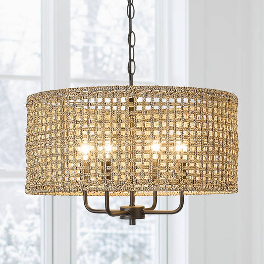 4-Light Bohemian Hand Woven Drum Chandelier - Straw - 20 in. W