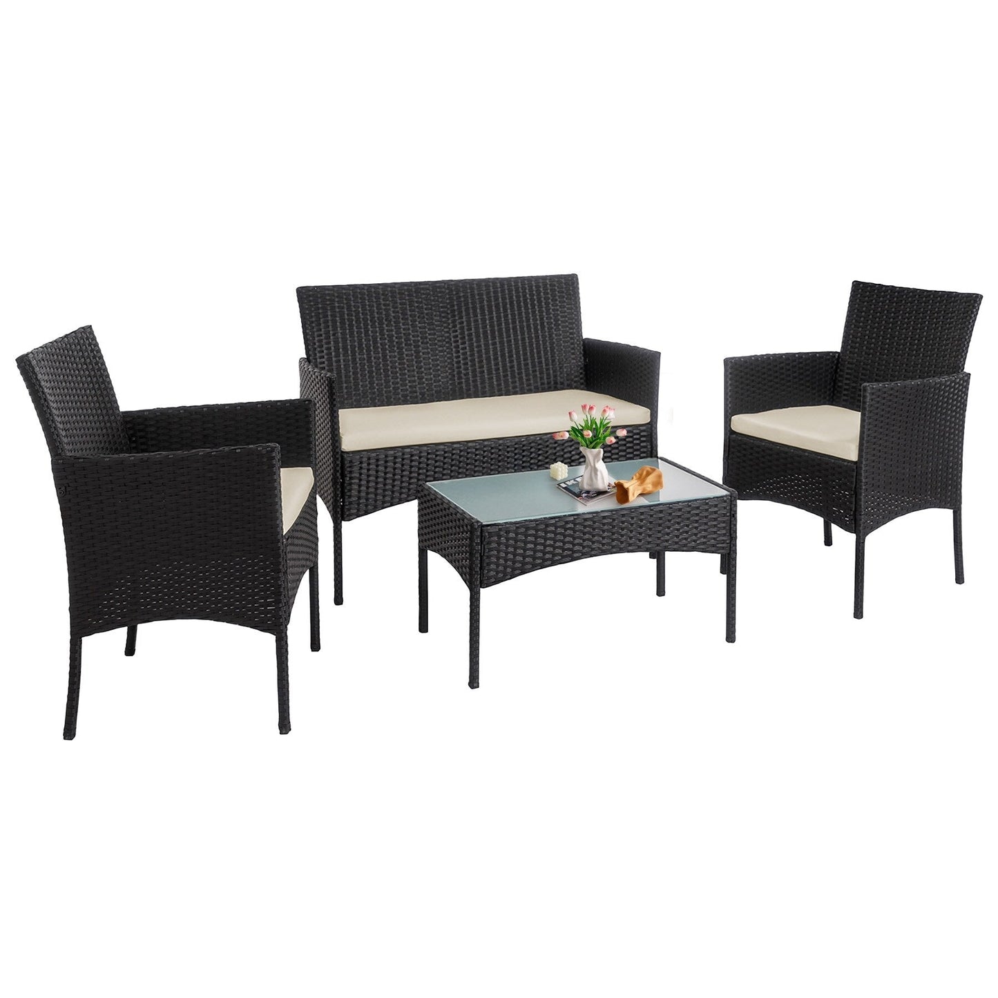 4 Piece Patio Conversation Wicker Furniture Set, Outdoor Rattan Sectional Furniture Set With Cushions
