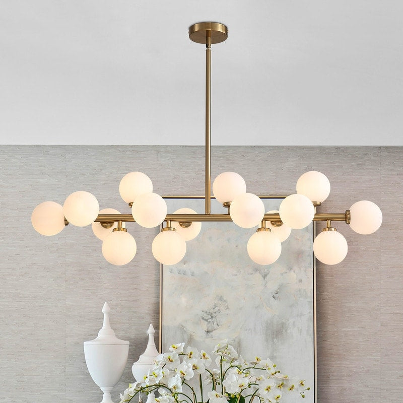 40 in. Linear Mid Century Modern Chandelier 16-Light Gold Brass Sputnik Pendant Light with Frosted Glass Globe for Dining Room