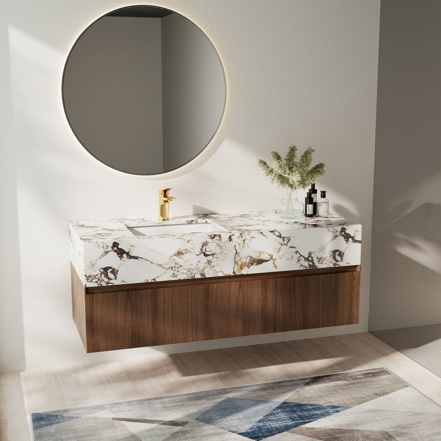 48'' Modern Single Bathroom Vanities, With Glossy Faux Marble Top, Solid Wood