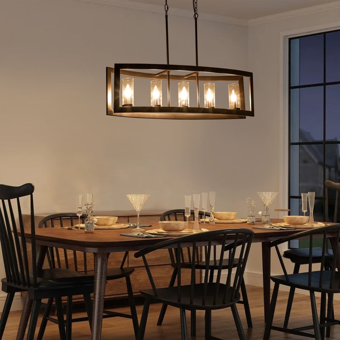 5-Light Modern Industrial Linear Chandelier for Dining Room Farmhouse Cylinder Clear Glass Chandelier Kitchen Island Lights