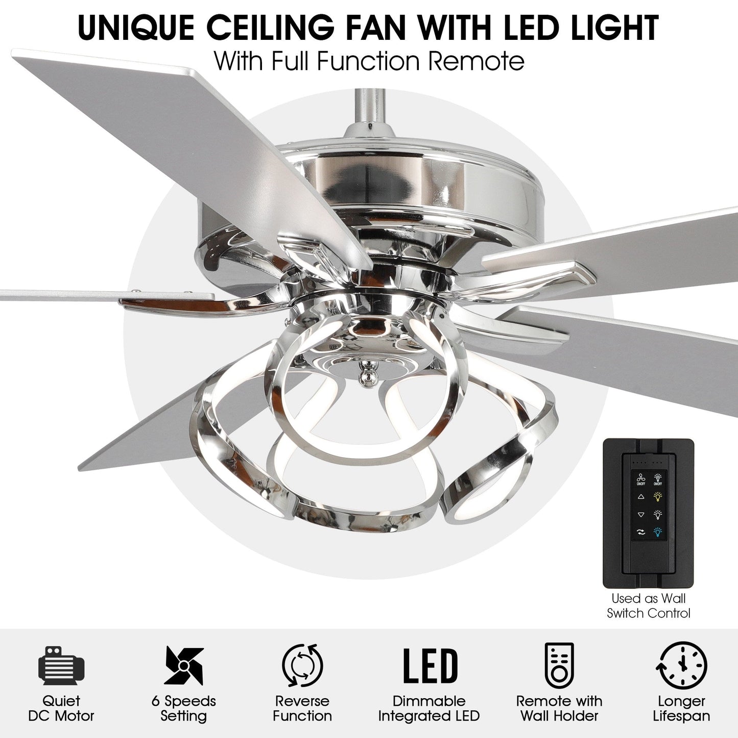 52 Modern Chrome/ Black Indoor Dimmable LED Ceiling Fan with Light and Remote