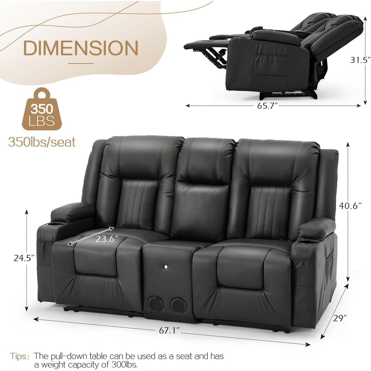 AECOJOY Recliner Sofa Manual RV Reclining Couch PU Home Theater Seating w/ Console