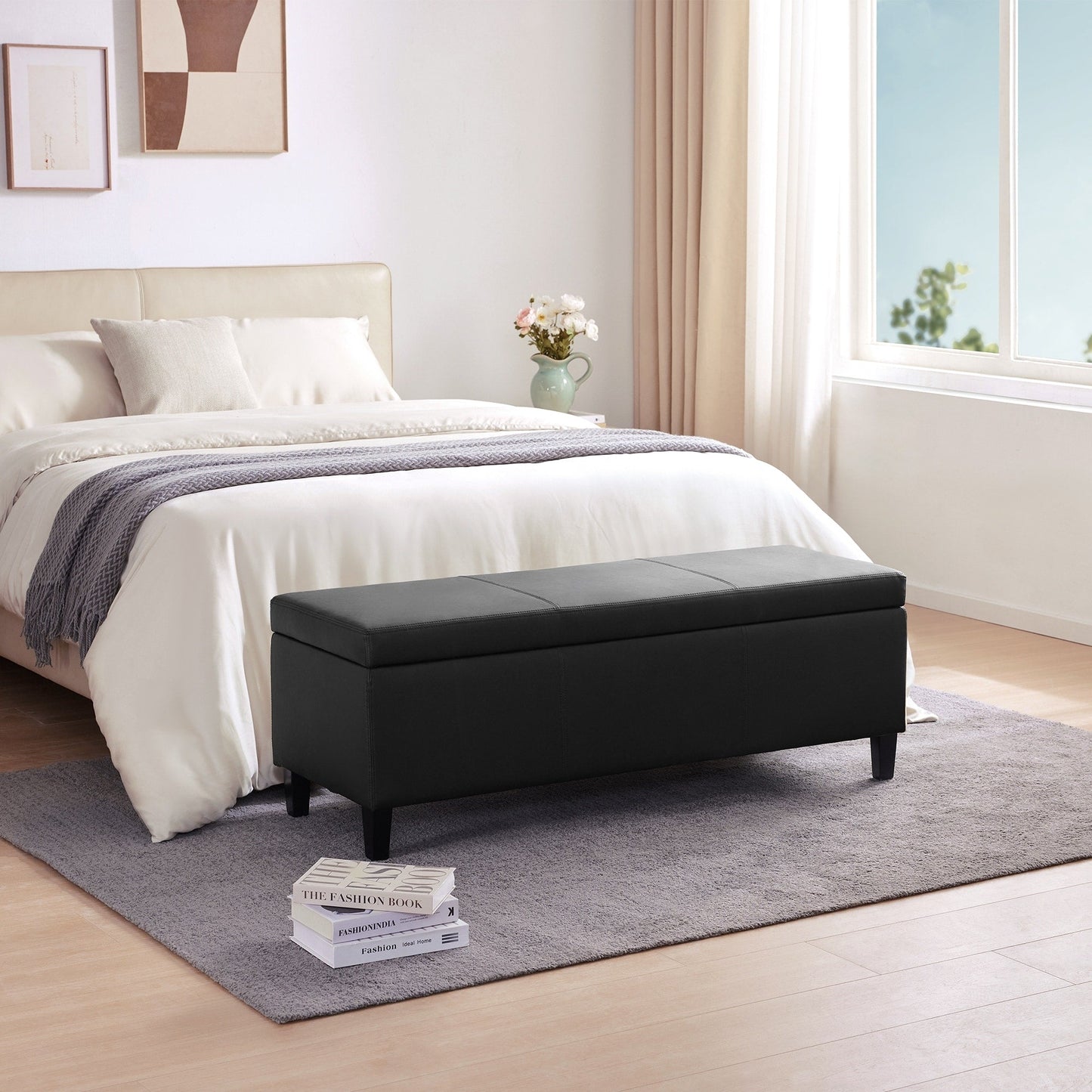 50.3 x 17.50 x 18 Upholstered Rectangular Storage Ottoman-Faux Leather