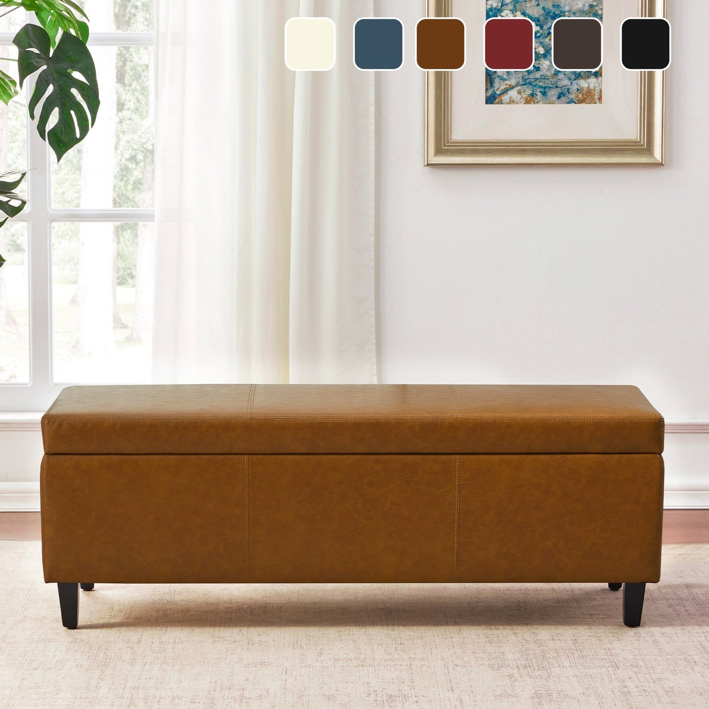 50.3 x 17.50 x 18 Upholstered Rectangular Storage Ottoman-Faux Leather
