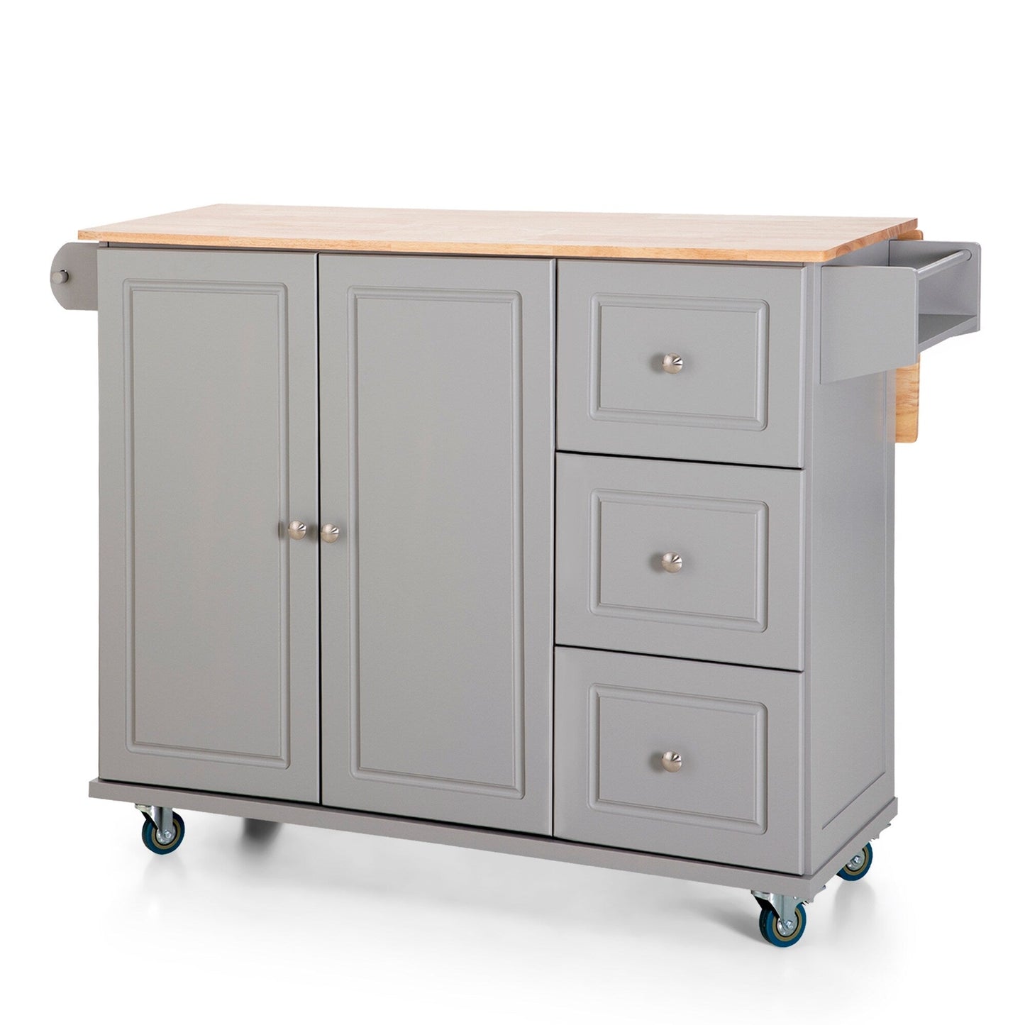 Sophia & William Kitchen Island Cart with Drop-Leaf and Rubber Wood Top, Rolling Kitchen Trolley Cart with Large Storage Cabinet