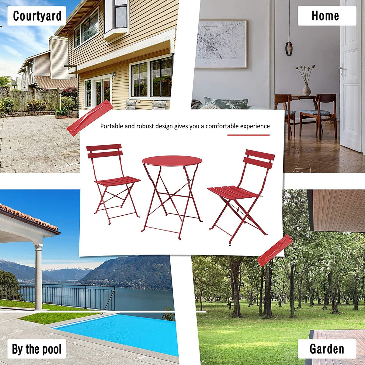 3pc Metal Folding Bistro Set, Weather-Resistant Outdoor/Indoor Conversation Set for Patio, Yard, Garden