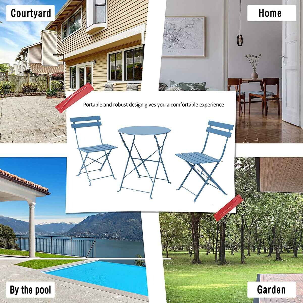 3pc Metal Folding Bistro Set, Weather-Resistant Outdoor/Indoor Conversation Set for Patio, Yard, Garden