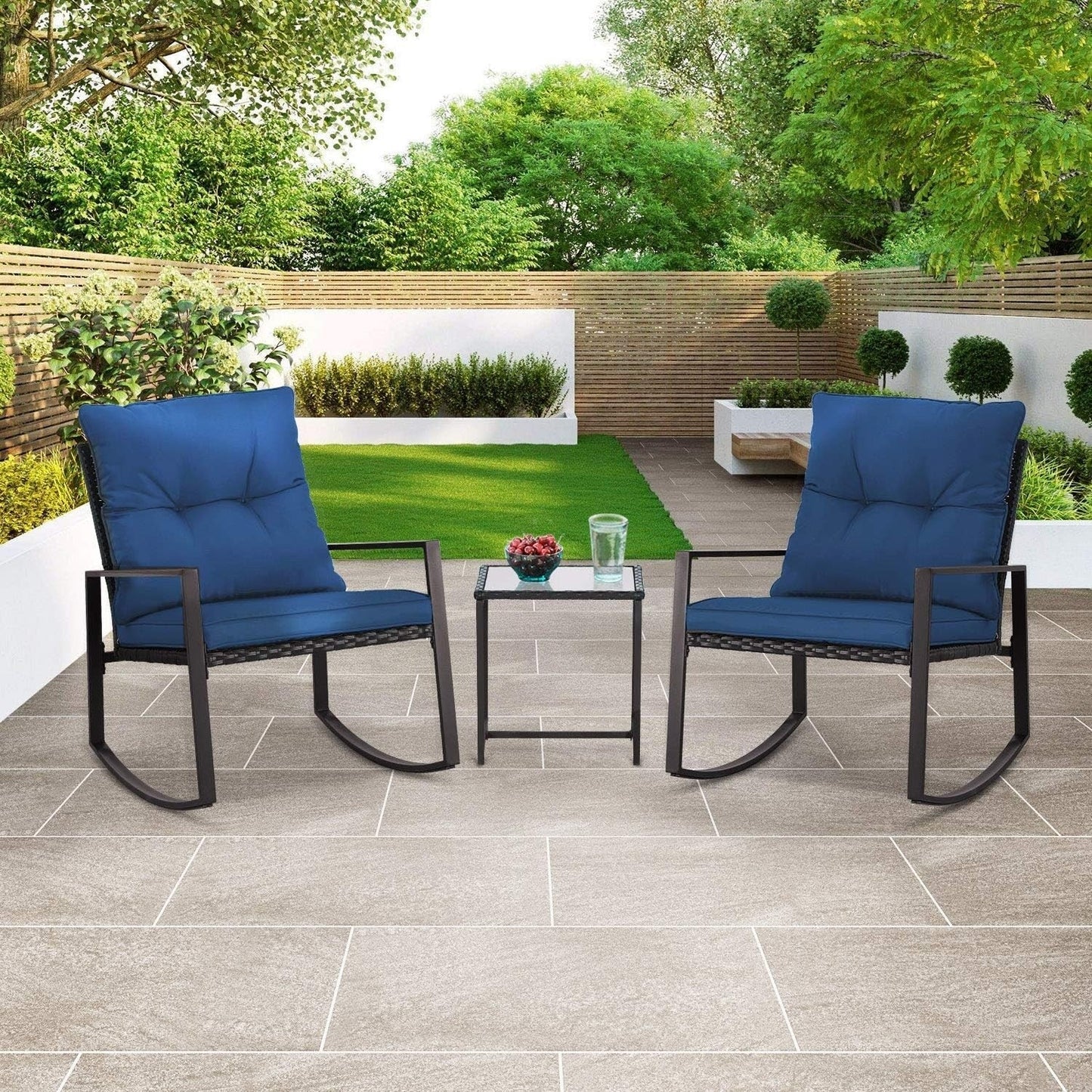 SUNCROWN 3-Piece Black Metal Outdoor Patio Rocking Bistro Set