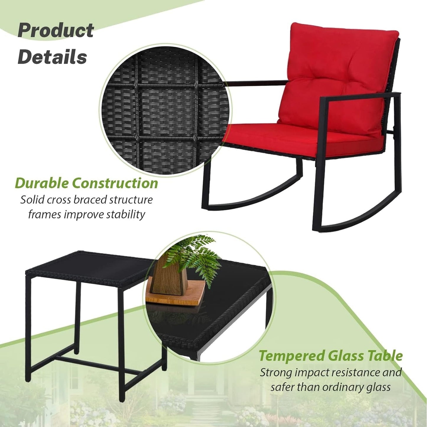 SUNCROWN 3-Piece Black Metal Outdoor Patio Rocking Bistro Set
