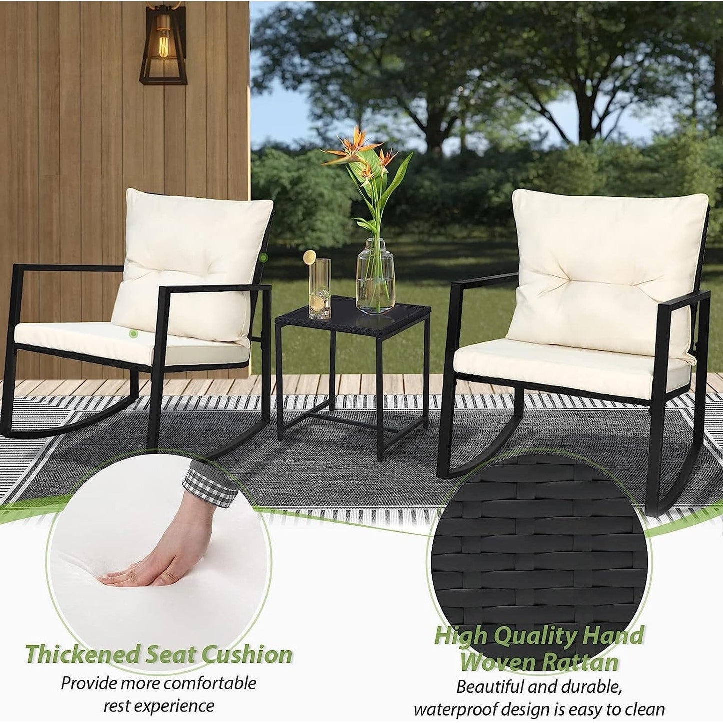 SUNCROWN 3-Piece Black Metal Outdoor Patio Rocking Bistro Set