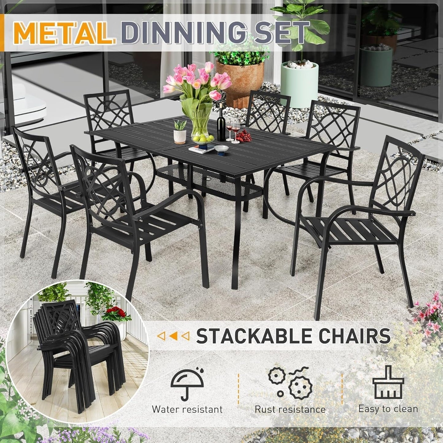 SUNCROWN Outdoor Patio 5/7 Piece Steel Dining Sets Metal Slatted Table and Stackable Chairs Powder Coated Frame