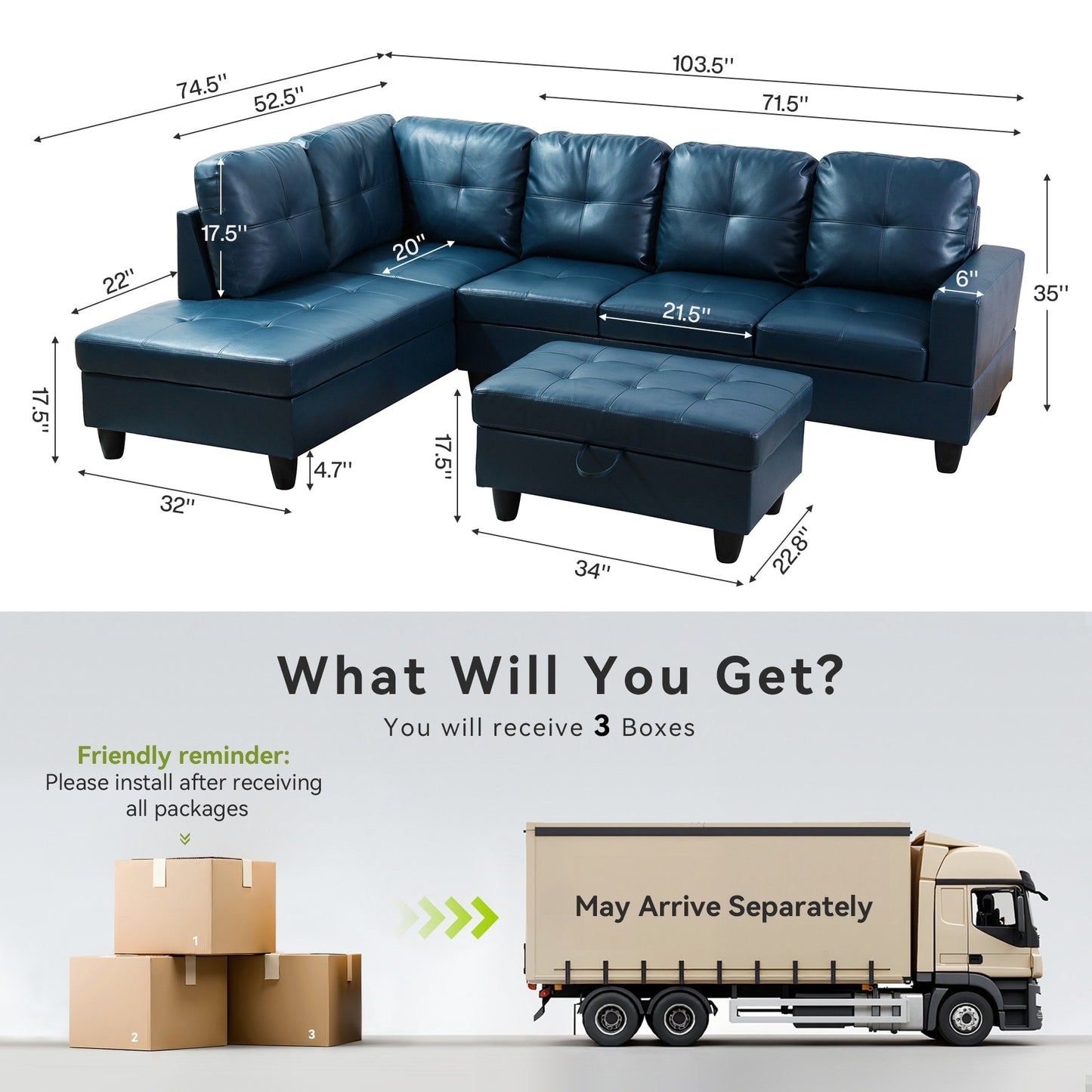 Semi PU Synthetic Leather 3-Piece Couch Living Room Sofa Set