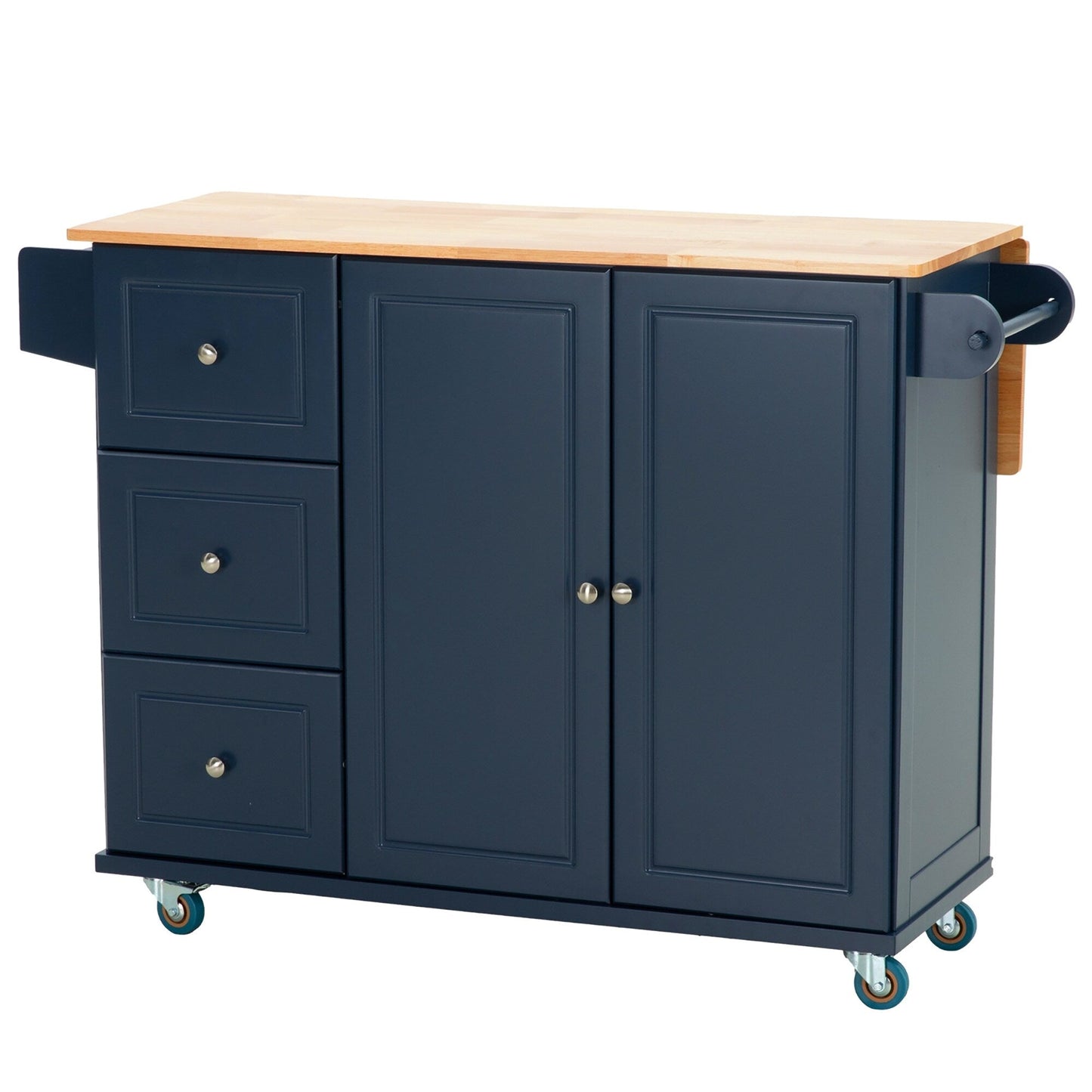 Sophia & William Kitchen Island Cart with Drop-Leaf and Rubber Wood Top, Rolling Kitchen Trolley Cart with Large Storage Cabinet