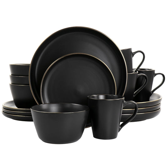 Stoneware Dinnerware 16 Piece Set in Black with Gold Rim