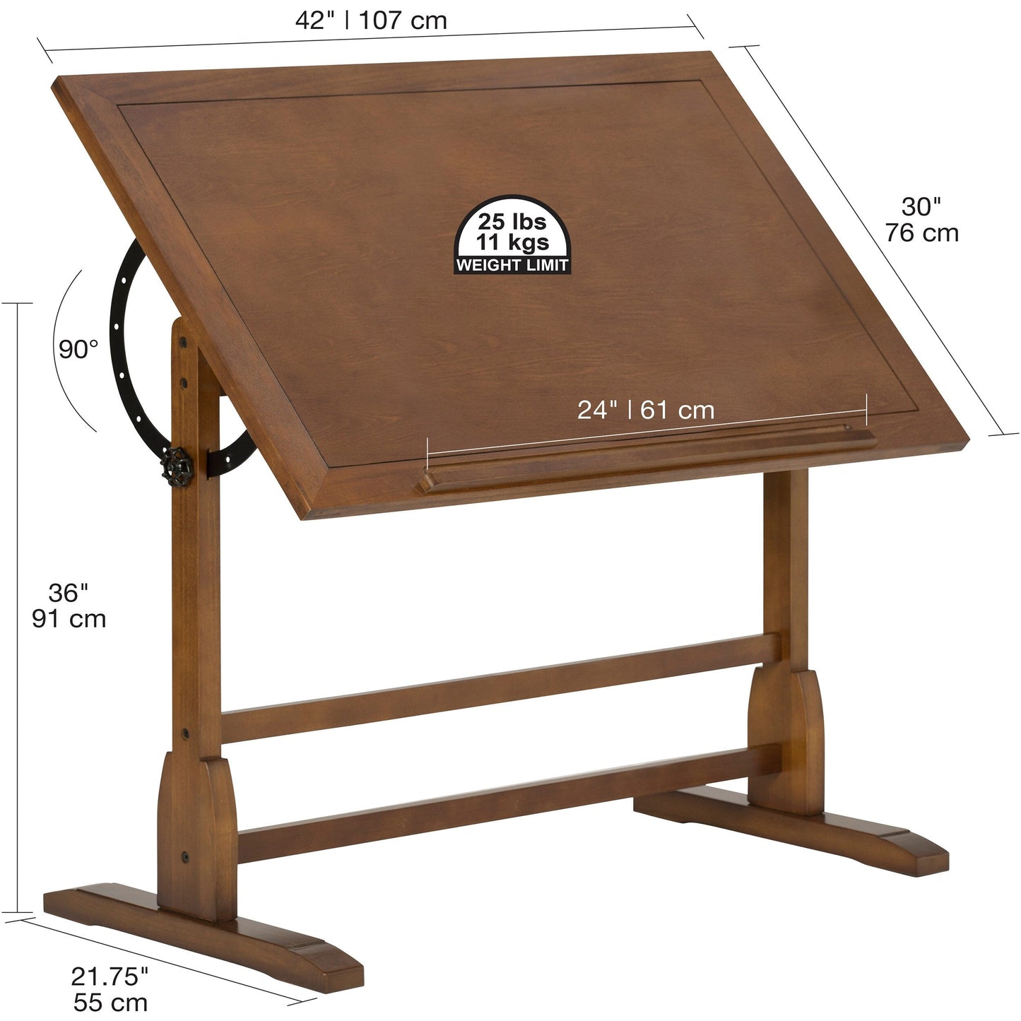 Studio Designs 36-inch Vintage Wood Drafting Table with Angle Adjustable Top for Drawing