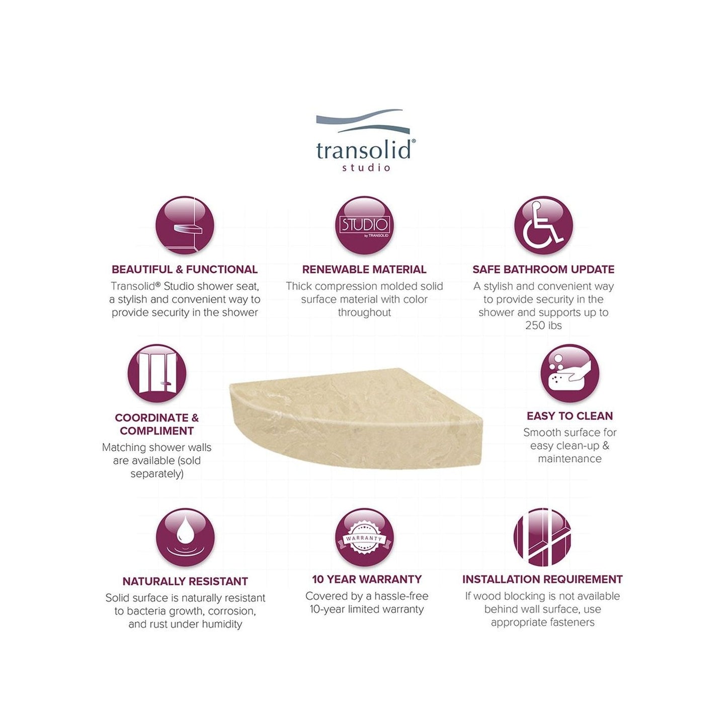 Transolid Studio 14-In X 14-In Solid Surface Wall-Mount Corner Shower Seat - 14.5 x 14.25 x 3