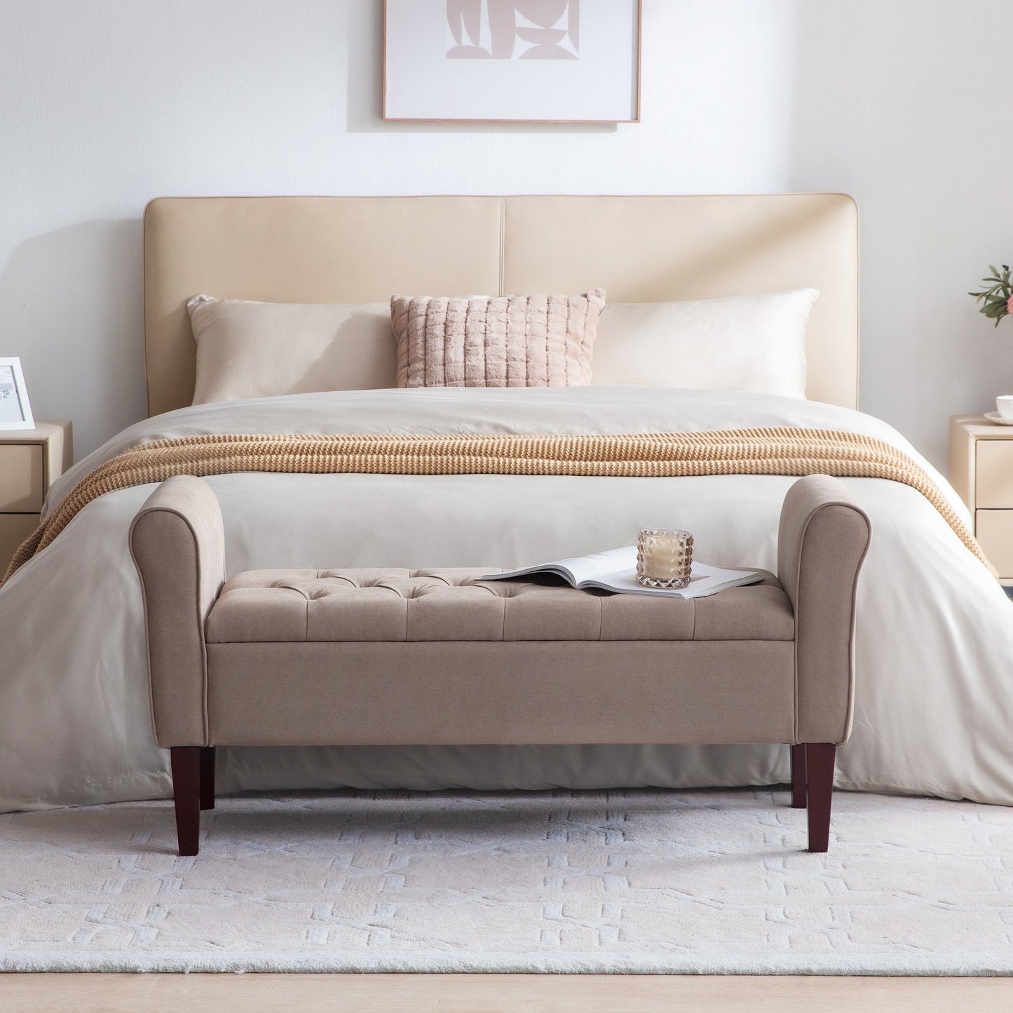 Upholstered Storage Bench Arm Bench Entryway Bench with Tufted Flip Top 50.4 Inches