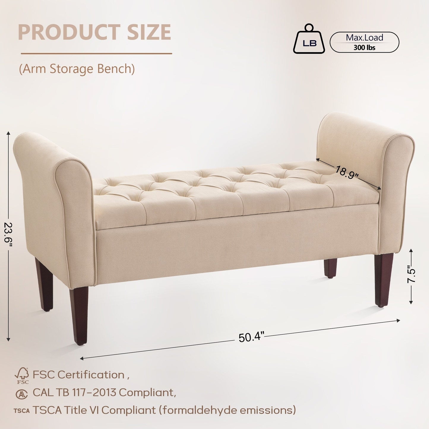 Upholstered Storage Bench Arm Bench Entryway Bench with Tufted Flip Top 50.4 Inches
