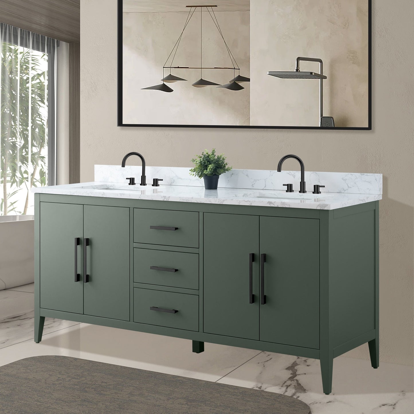 Vanity Art 72 Double Sink Bathroom Vanity Cabinet with Engineered Marble Top