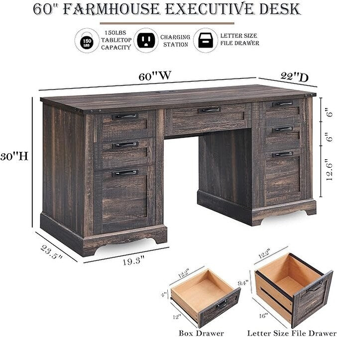 60 Farmhouse Executive Desk, Wood Home Office Desk, Computer Desk