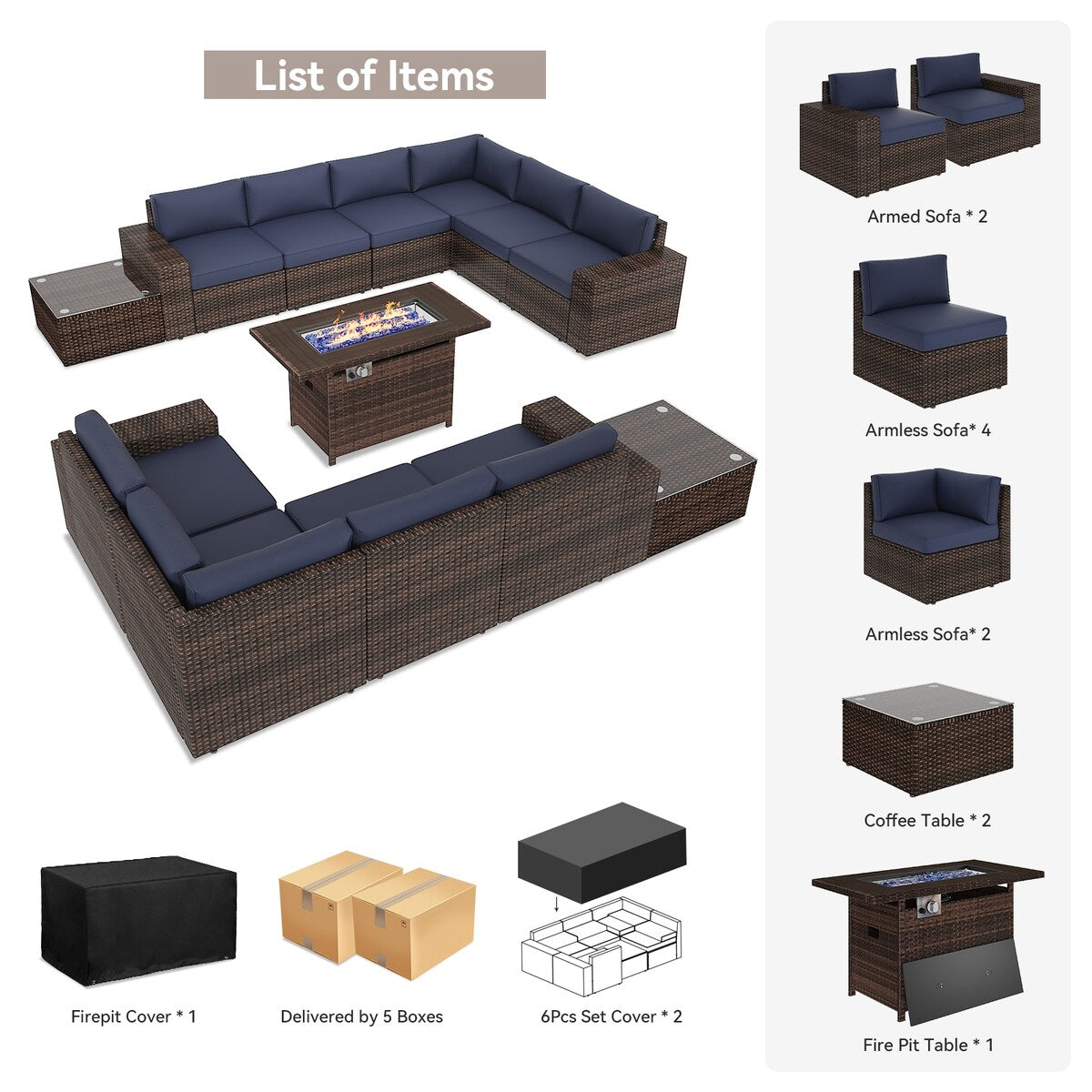 13 Pieces Patio Furniture Set with 44Fire Pit Table