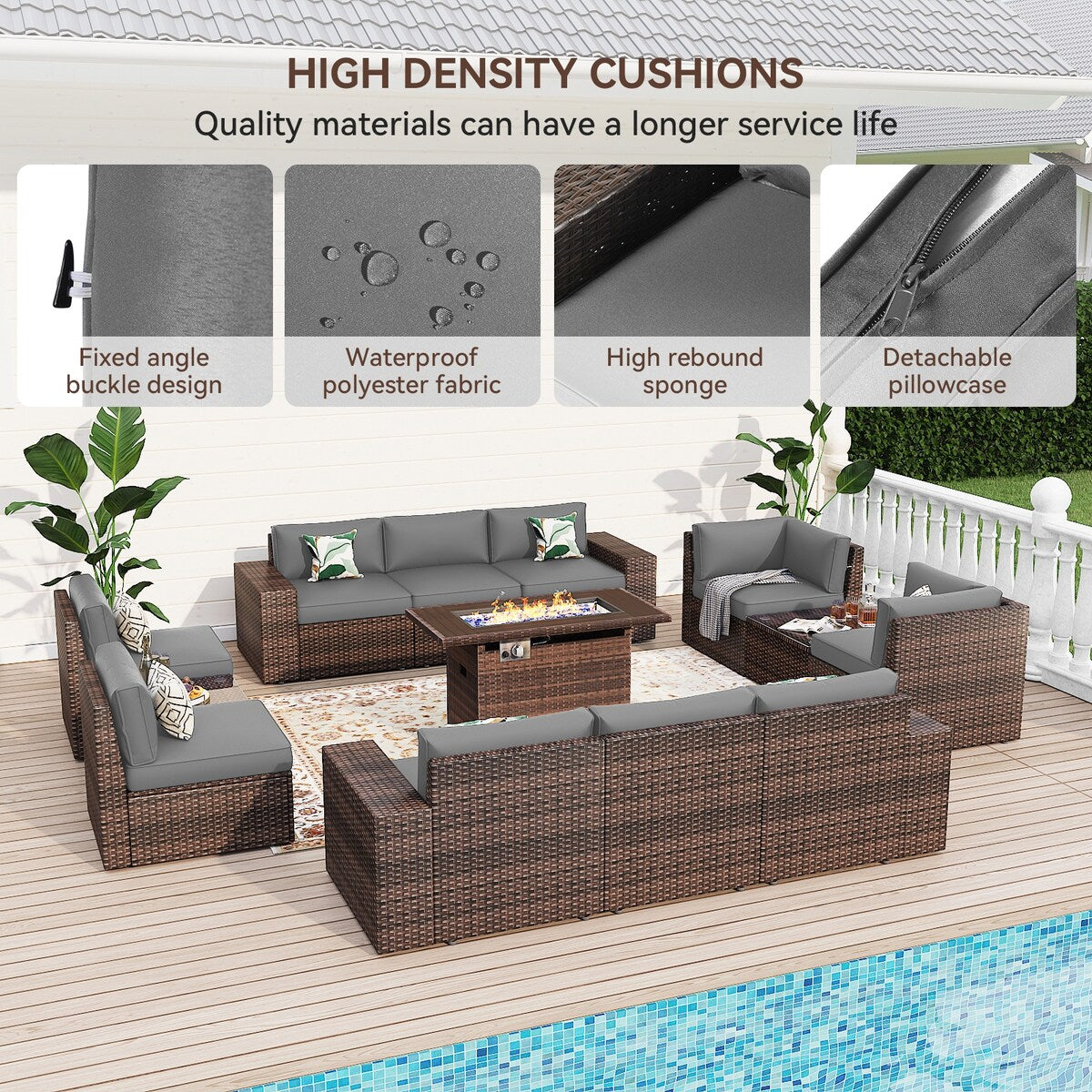 13 Pieces Patio Furniture Set with 44Fire Pit Table