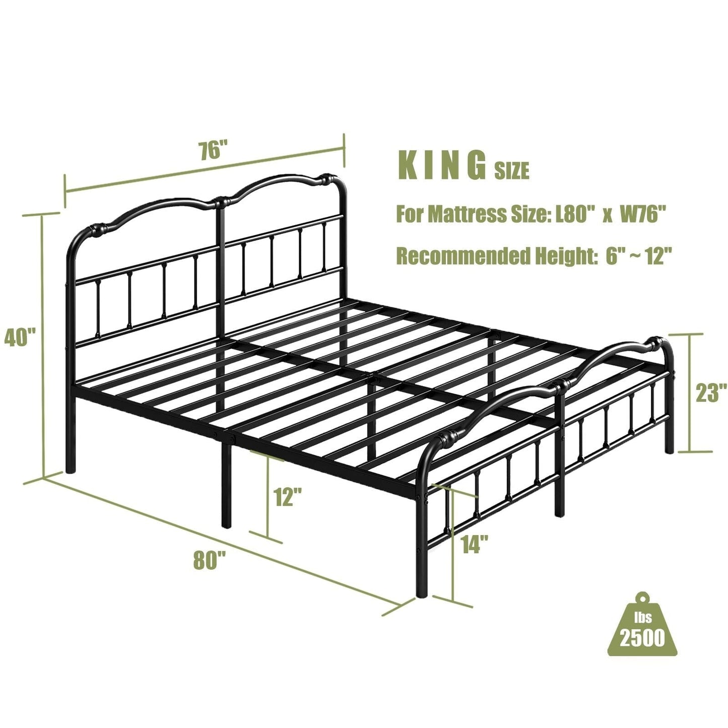 14 In High Heavy Duty Metal Bed Frame with Vintage Style, Supports Up To 2500lbs, Easy Assembly and No Squeak