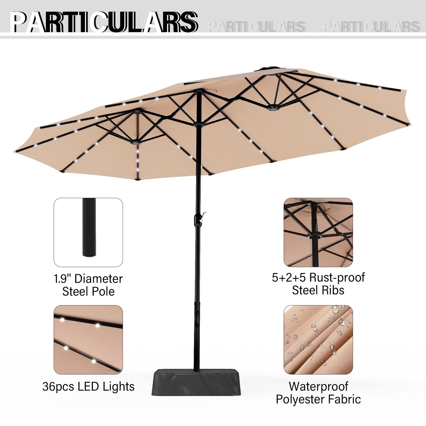 15-foot Rectangular Crank Double-sided Outdoor Market Umbrella Solar LED Lighted Patio Umbrella with Base Included