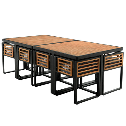 18-Pieces Acacia Wood Patio Dining Set, 8 Cushioned Chairs & 8 Ottomans & 2 Square Table