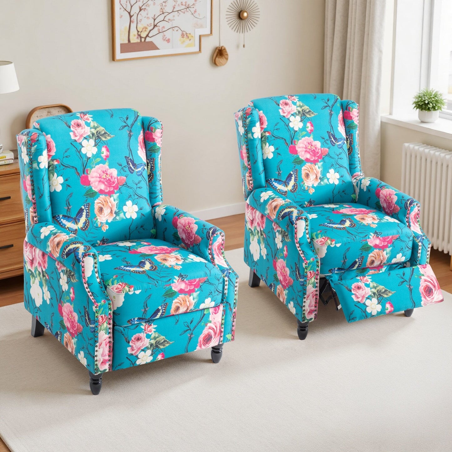 29'' W Vintage Floral Manual Push Back Recliner Chair Set of 2