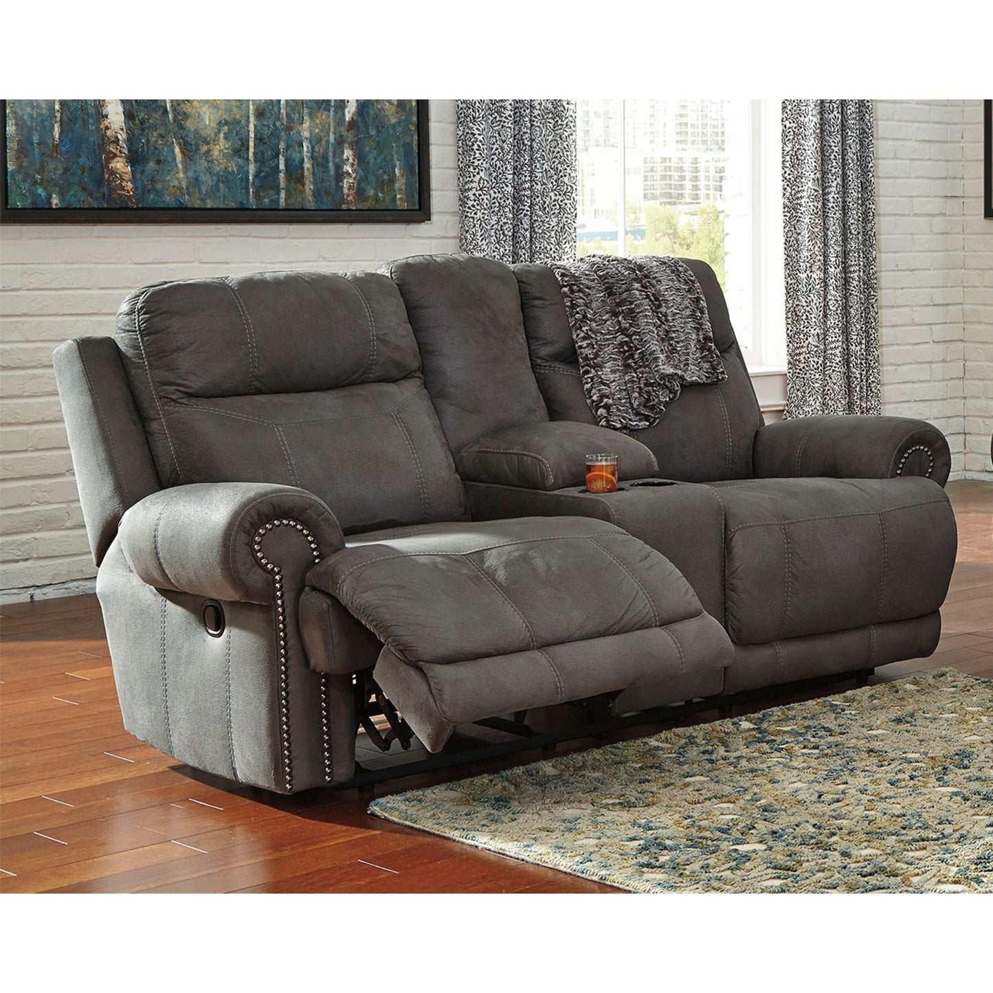 Austere Reclining Loveseat with Console - Gray