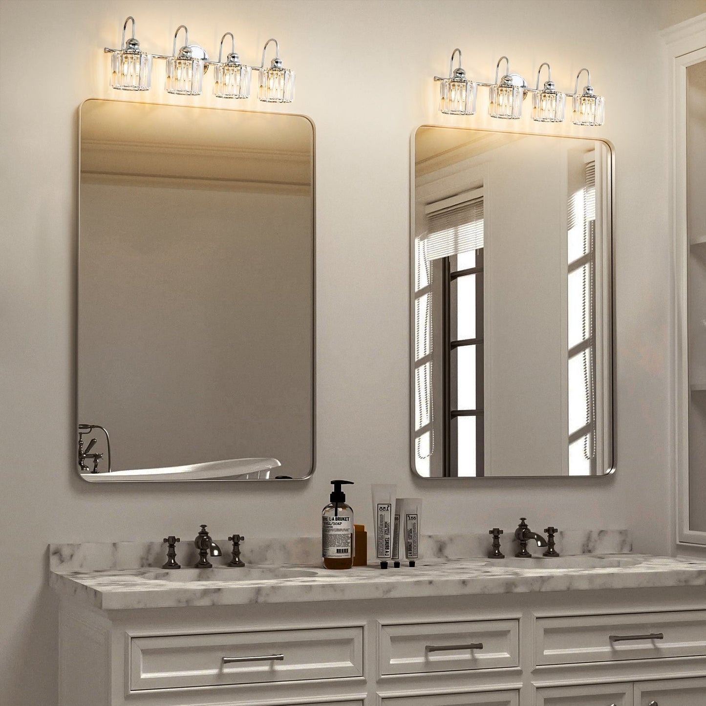 3/4-Light Modern Glam Linear Dimmable Crystal Bathroom Vanity Lights Over Mirror