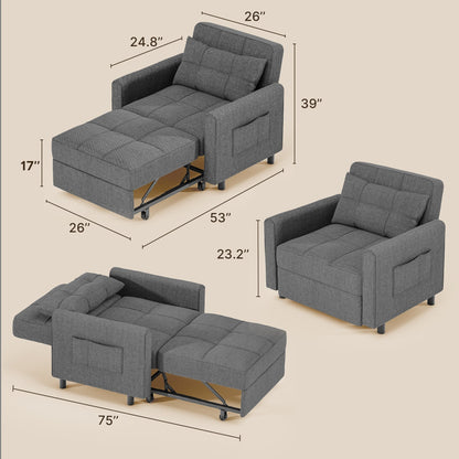 3-in-1 Pull-Out Sofa Bed Sleeper Chair , Convertible Adjustable Foldable Upholstered Lounge Couch