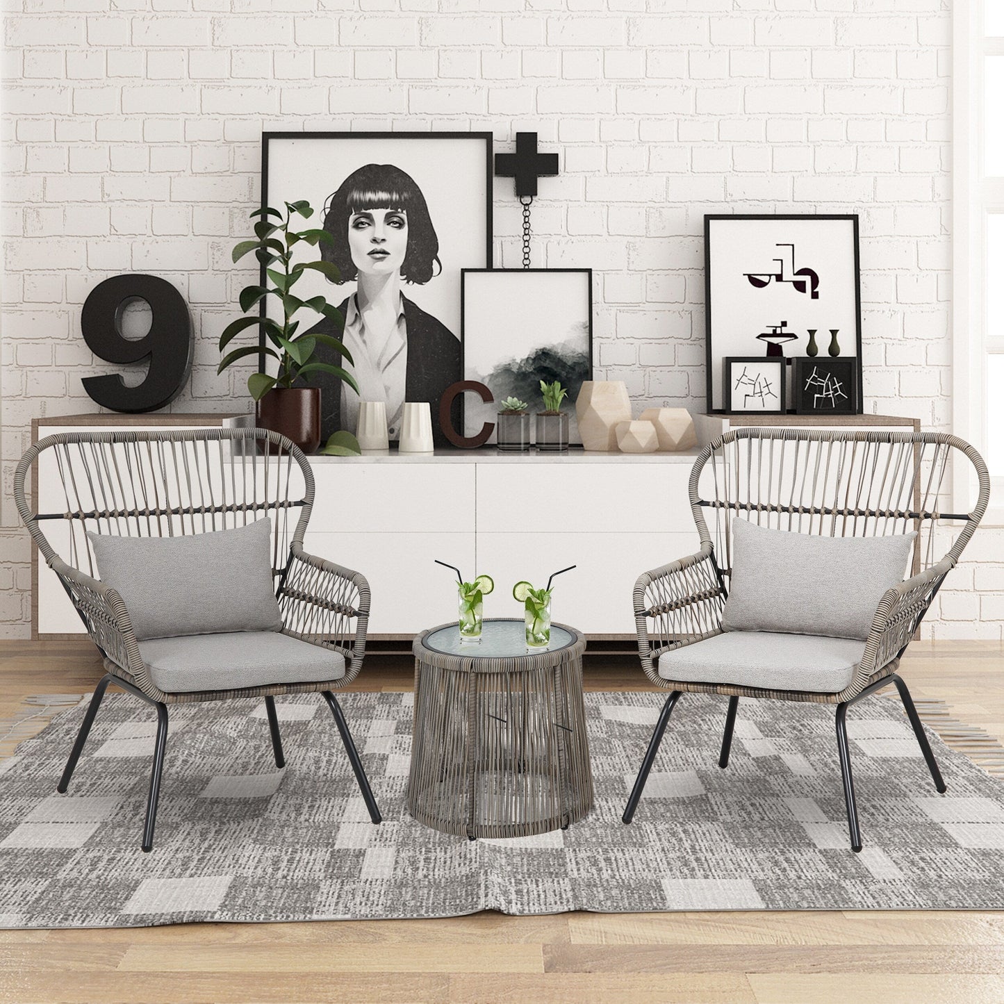 3 Piece Outdoor Wicker Conversation Bistro Set, All-Weather Rattan Furniture Patio Chairs Set with Cushions