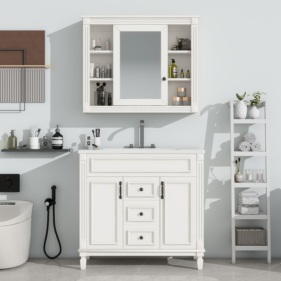 36'' Modern Bathroom Vanity with Top Sink and Mirror Cabinet,2 Doors and 2 Drawers