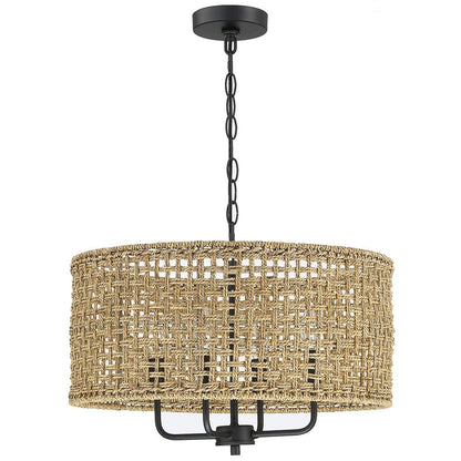 4-Light Bohemian Hand Woven Drum Chandelier - Straw - 20 in. W