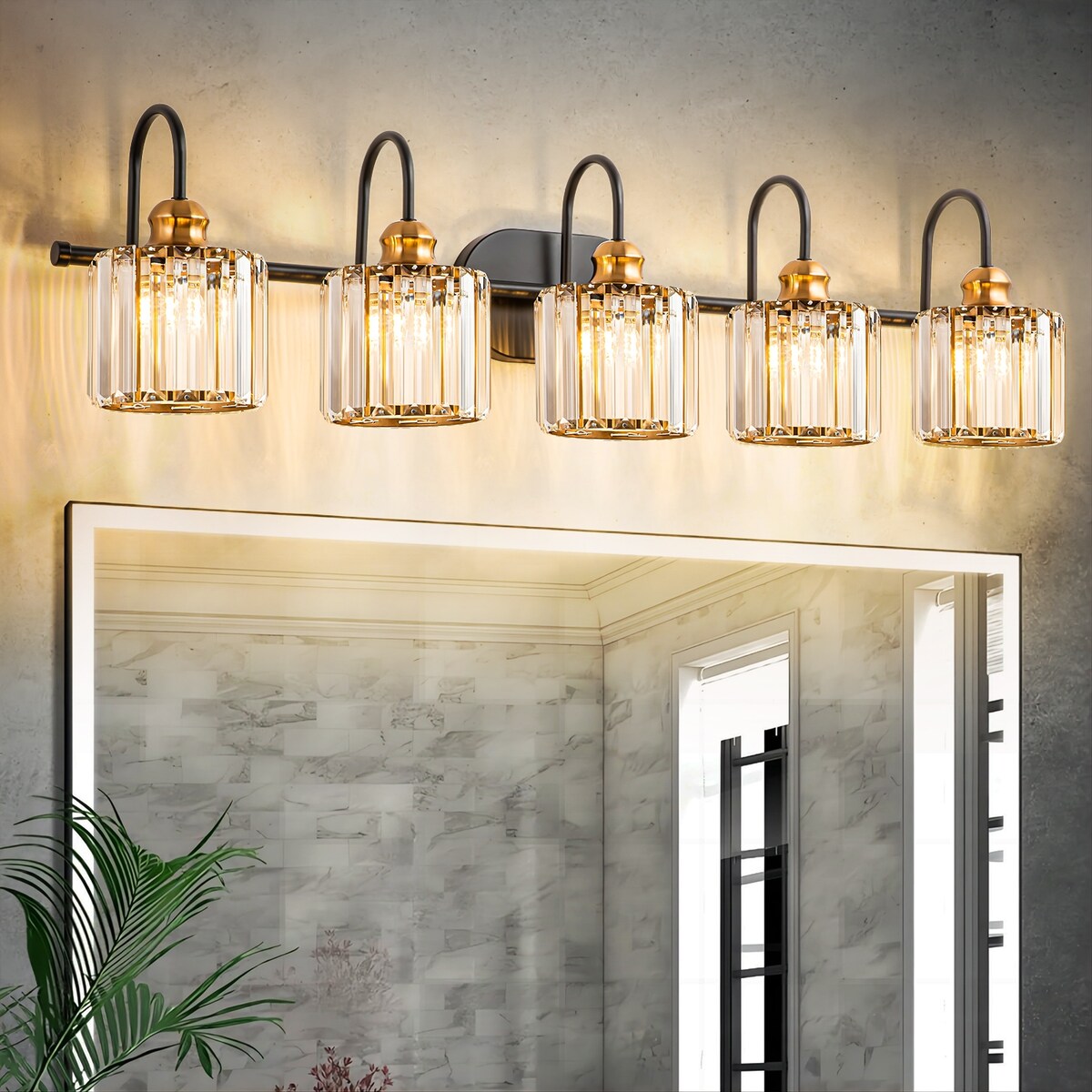 5-Light Glam Linear Dimmable Crystal Bathroom Vanity Lights with Cylinder Crystal Shade
