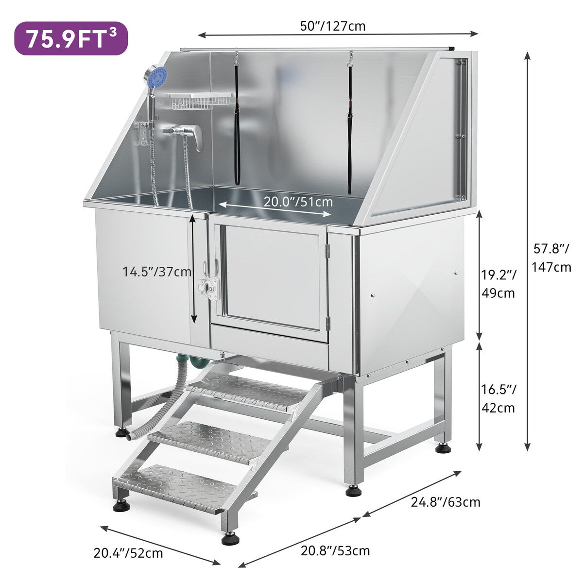 50'' W Stainless Steel Adjustable Pet Grooming Tub with Steps Ramp