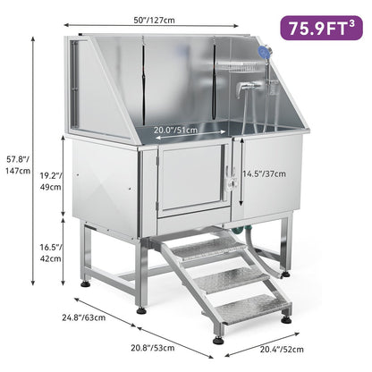 50'' W Stainless Steel Adjustable Pet Grooming Tub with Steps Ramp
