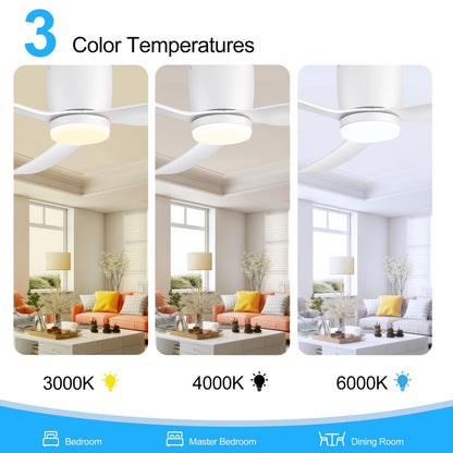 52 Inch Black/White Flush Mount LED Ceiling Fan with Lights Remote(3-Blade)