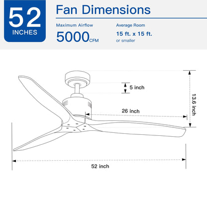 52 inch Modern Solid Wood / ABS Ceiling Fan With Remote Control(No Light),6 WInd Speed,Reversible Airflow