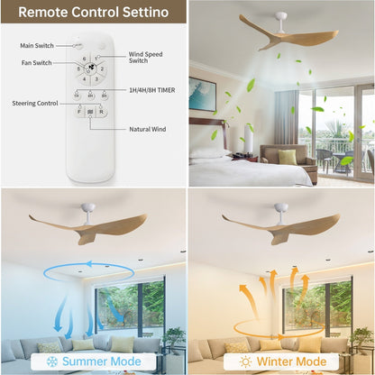52 inch Modern Solid Wood / ABS Ceiling Fan With Remote Control(No Light),6 WInd Speed,Reversible Airflow